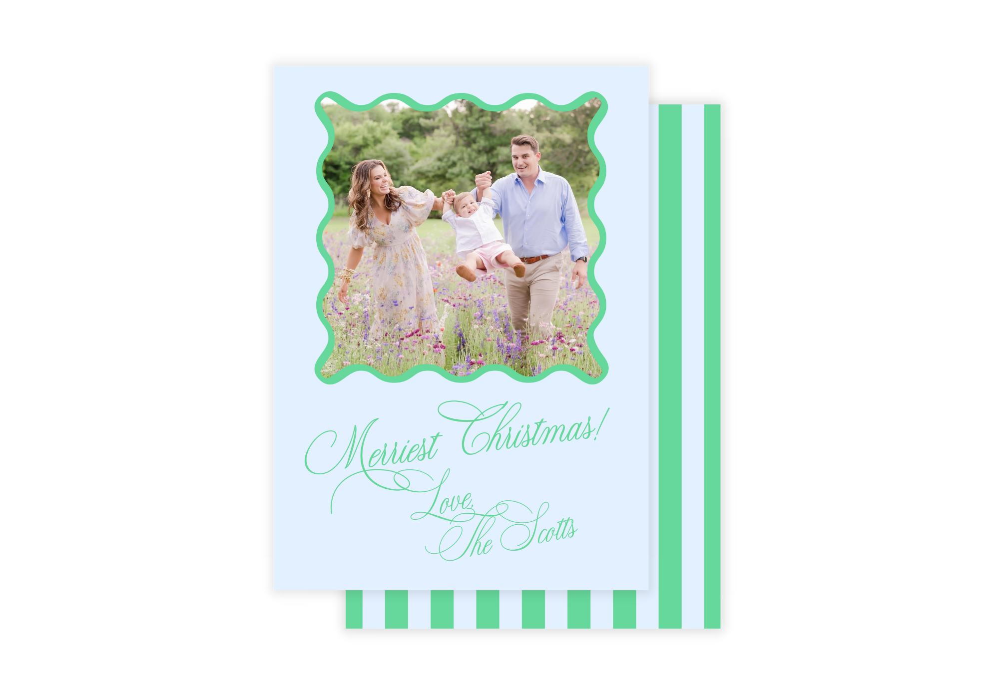 Wavy Border Blue & Green Christmas Card