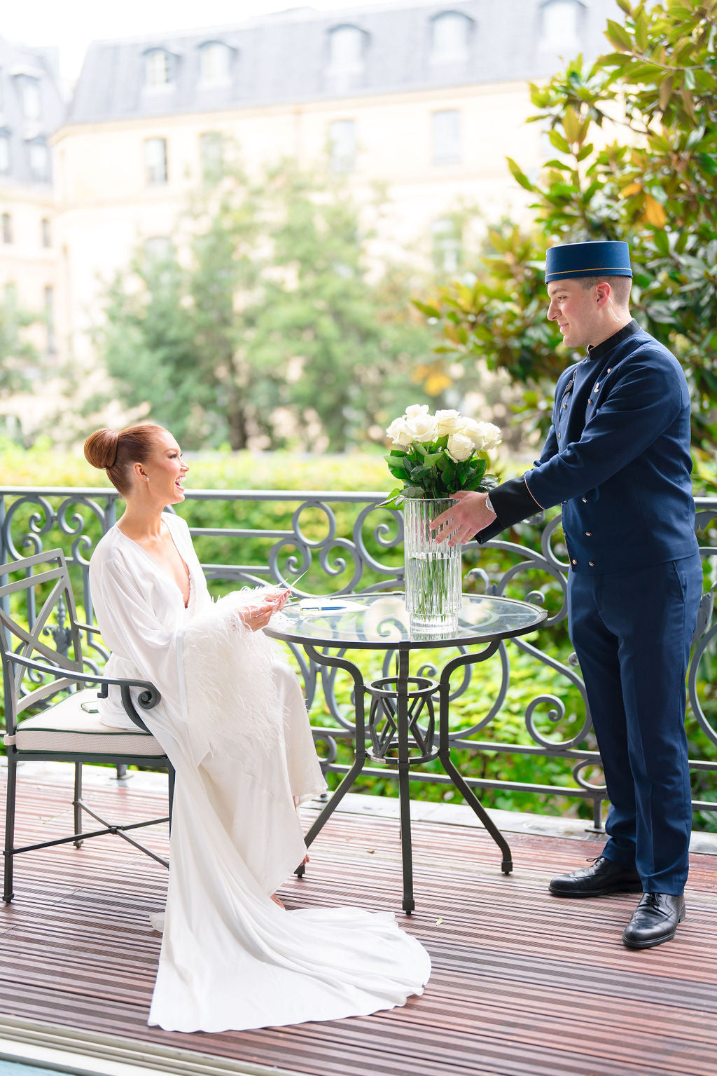 Sheridan and Ryan in the garden of The Ritz Paris on their wedding day, stationery by Magnolia Boone Paperie