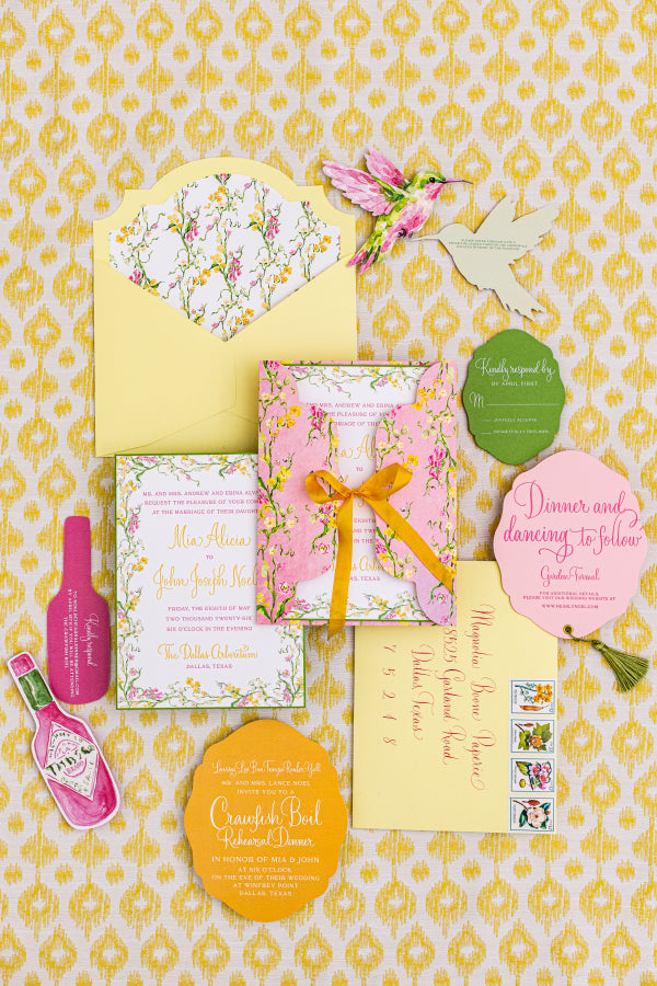 Citrus yellow and pink wedding invitation suite with lemon illustrations and patterned envelope liner by Magnolia Boone Paperie
