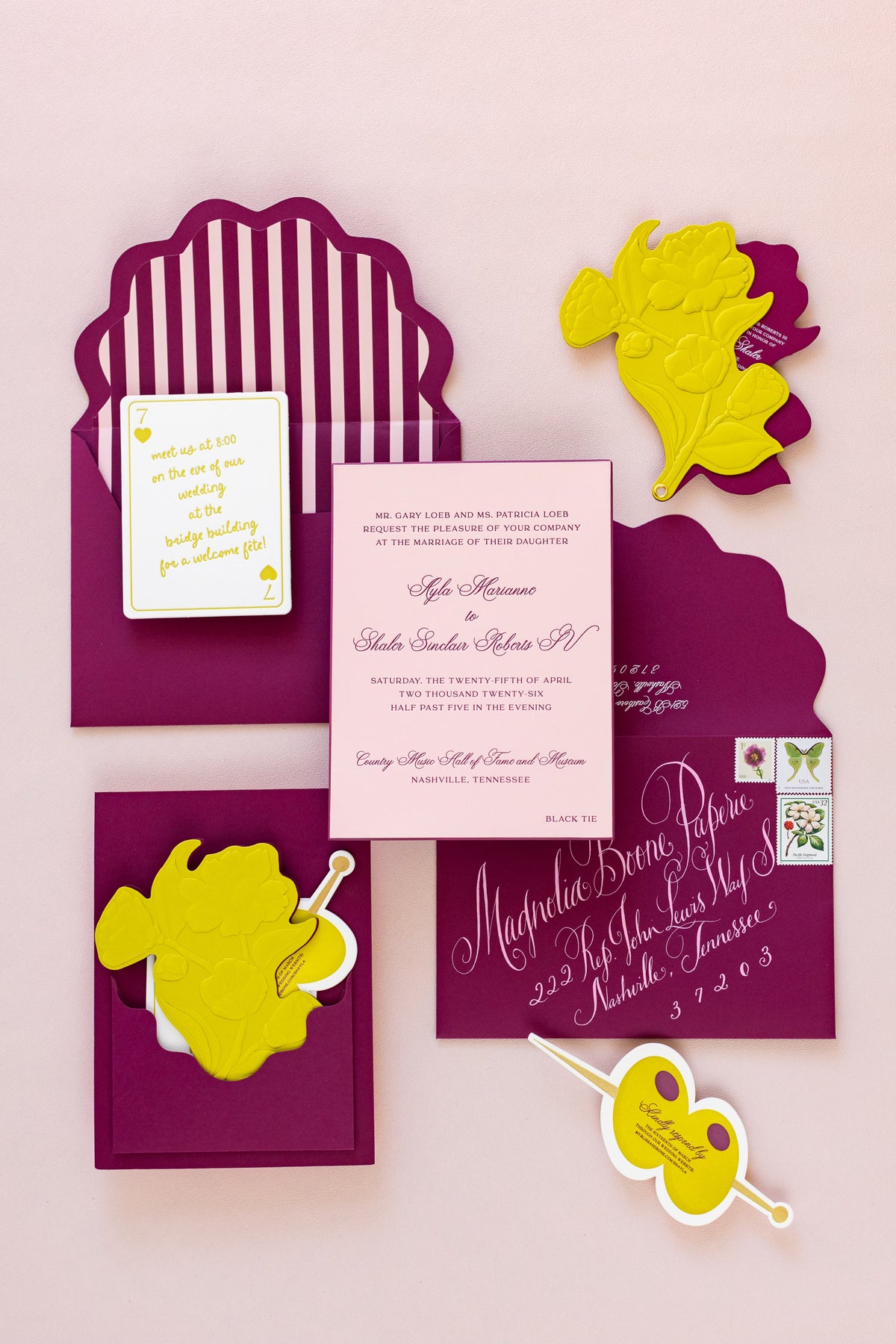 Plum and chartreuse wedding invitation suite with striped folder and die cut olive branch cards by Magnolia Boone Paperie
