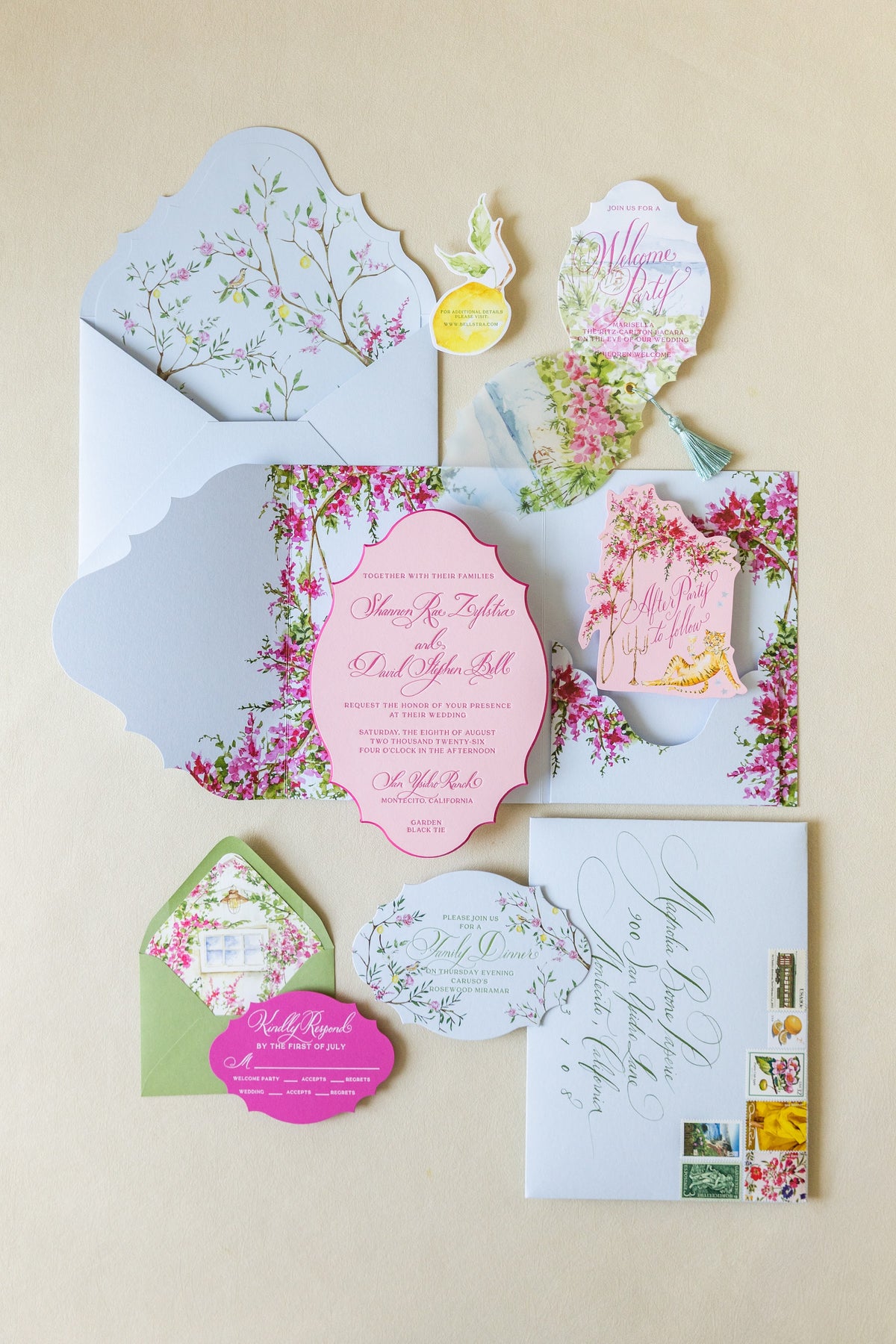 Blue, pink and lemon wedding invitation suite with die cut cards and gingham liner by Magnolia Boone Paperie