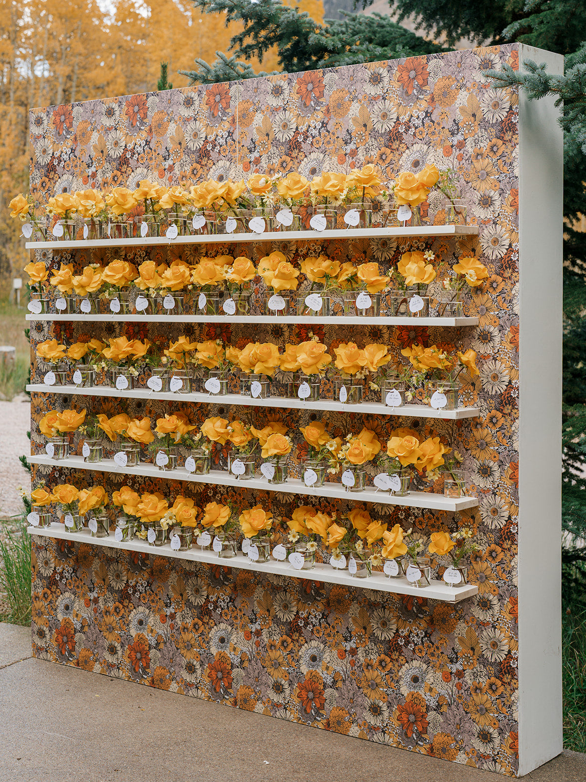 Rehearsal dinner escort card wall with golden aspen leaves for Peyton and Jeffrey's Aspen, Colorado wedding