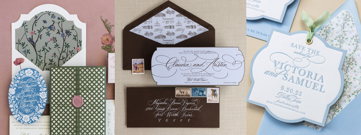 Custom wedding invitation suites by Magnolia Boone Paperie: chinoiserie blue and green suite, engraved suite with patterned envelope liner, and a die cut save the date