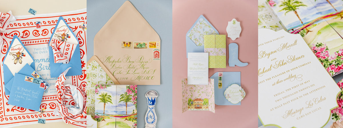 Luxury wedding invitation suites with illustrated envelope liners, custom crests and hand painted details by Magnolia Boone Paperie, Dallas